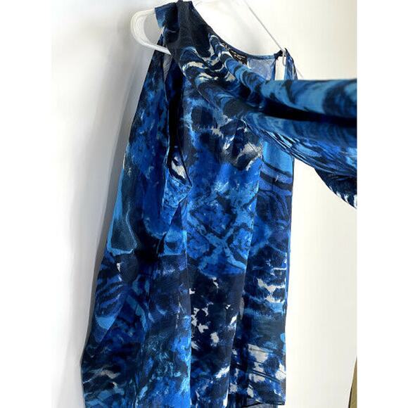 ABS Allen Schwartz Blue Print Sheer Wrap Blouse S - Picture 4 of 7